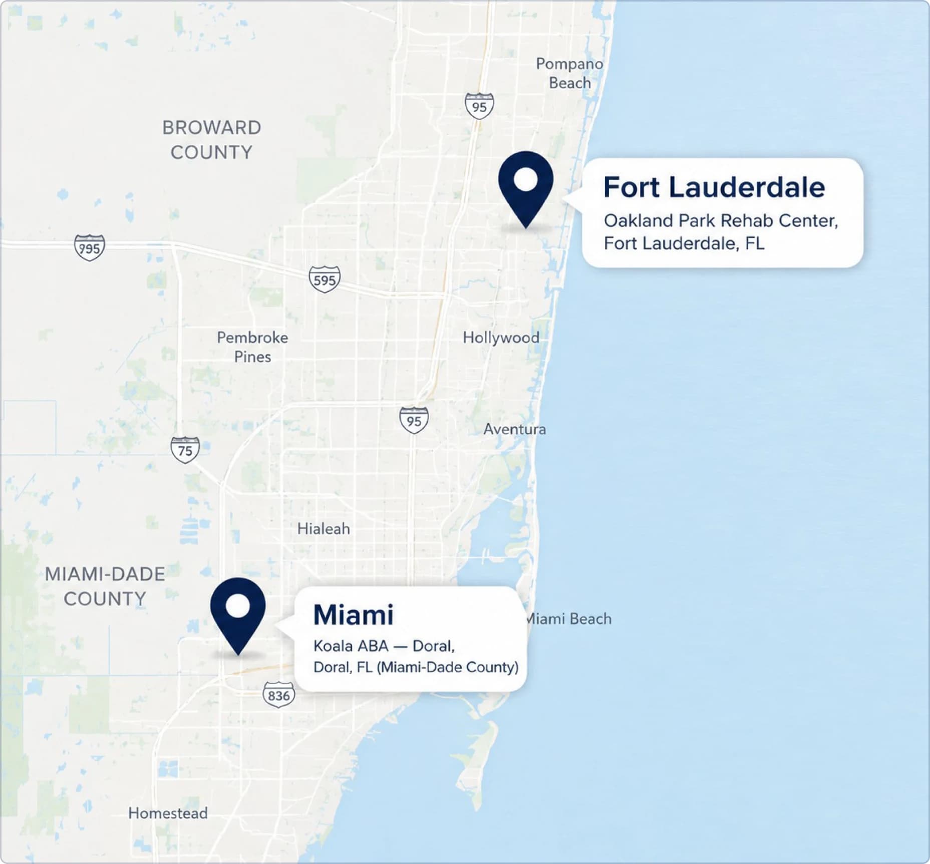 Map showing the Fort Lauderdale and Miami NeuroMod locations
