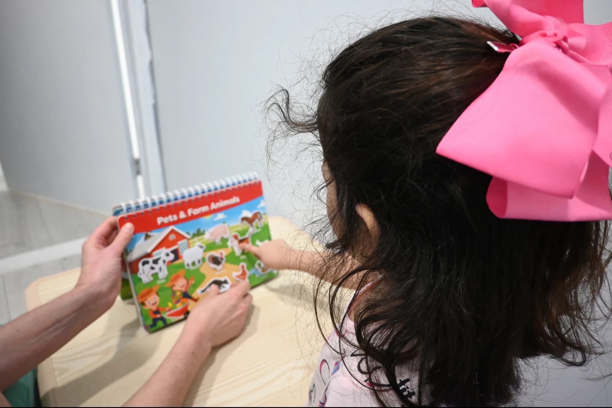 A child pointing at a picture book held by an adult
